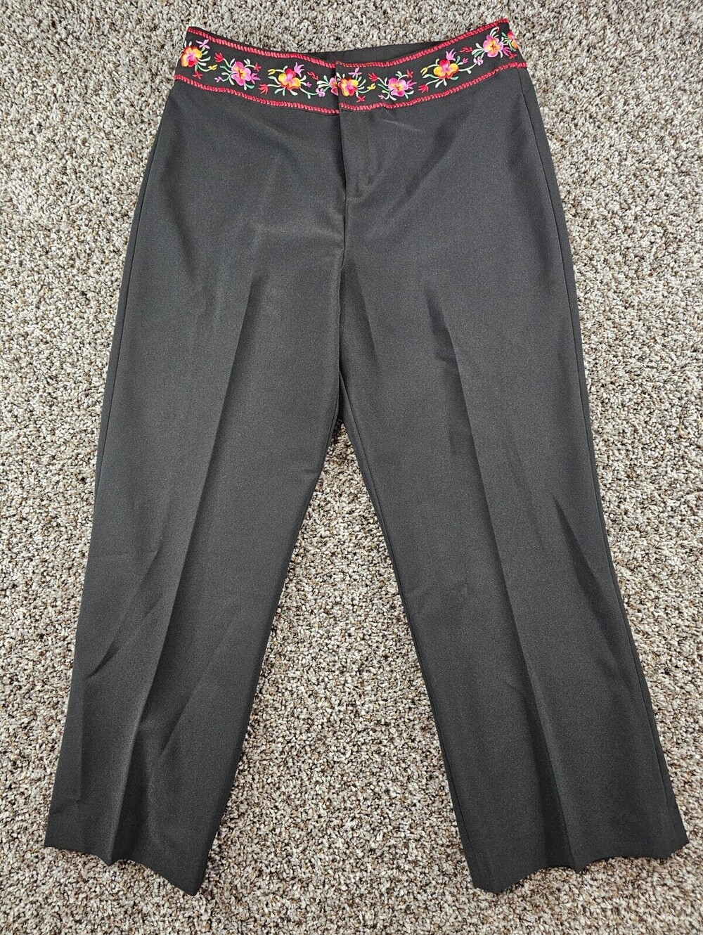 Haggar Womens Sz 12 Wide Leg Mid Rise Dress Pants Black w/ Embroidered Waist